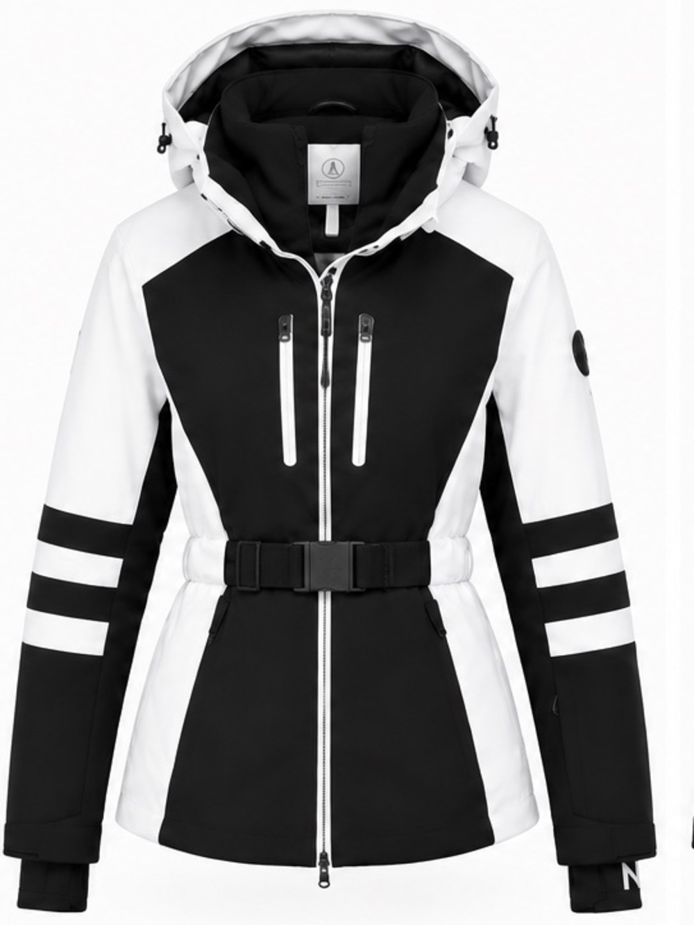 Bogner Black and White Hooded Ski Jacket with Belt
